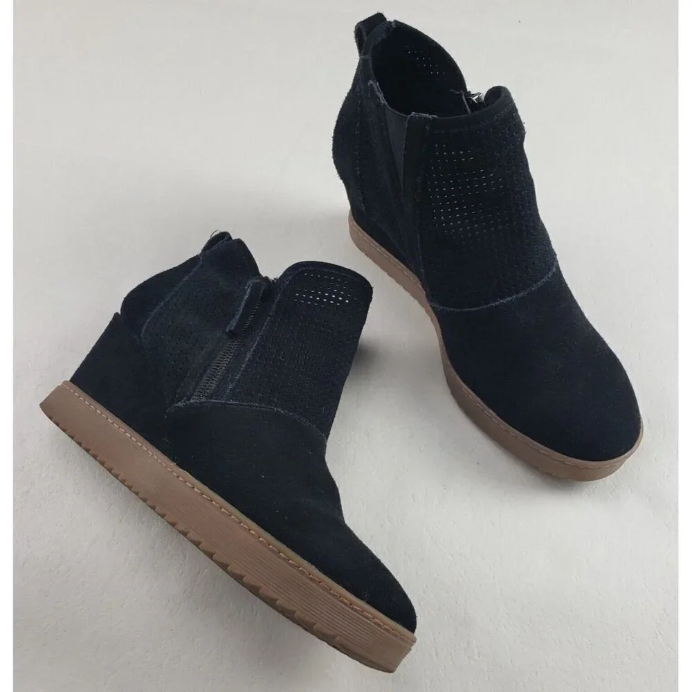 Sofft Bellview Wedge Ankle Boot Womens 11 Black Suede Side Zip Perforated Bootie